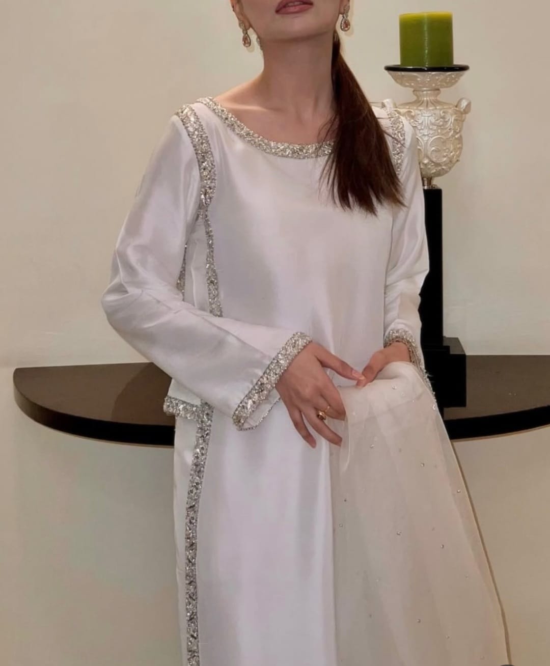 Ivory Silk Straight Kurti Set with Silver Crystal Stone Work & Dupatta