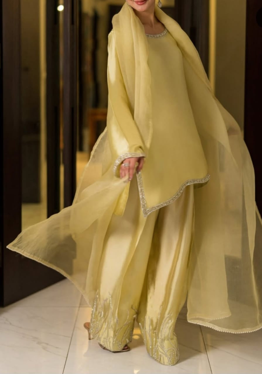 Butter Yellow Silk Short Kurti Set with Farsi Salwar and Dupatta