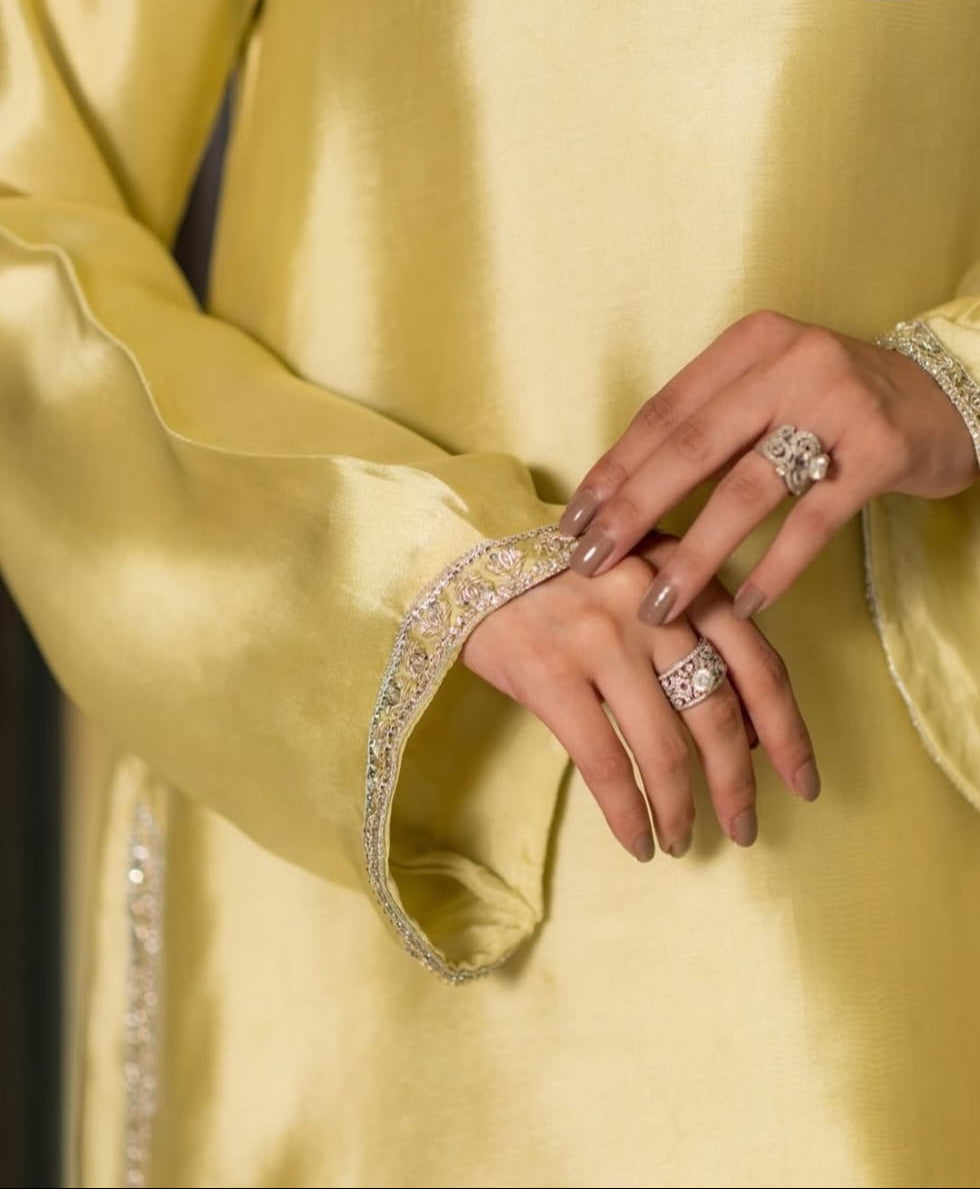 Butter Yellow Silk Short Kurti Set with Farsi Salwar and Dupatta