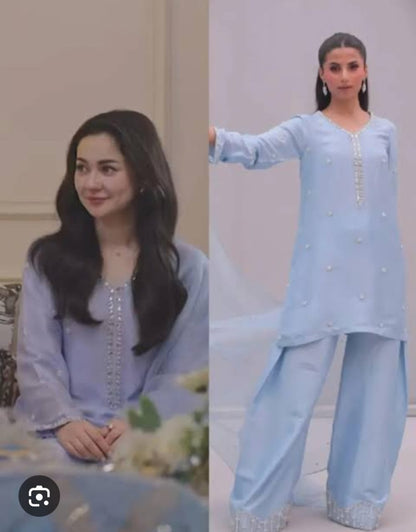 Armani Silk Short Kurta with Farsi Salwar – Handcrafted Pearl & Crystal Work