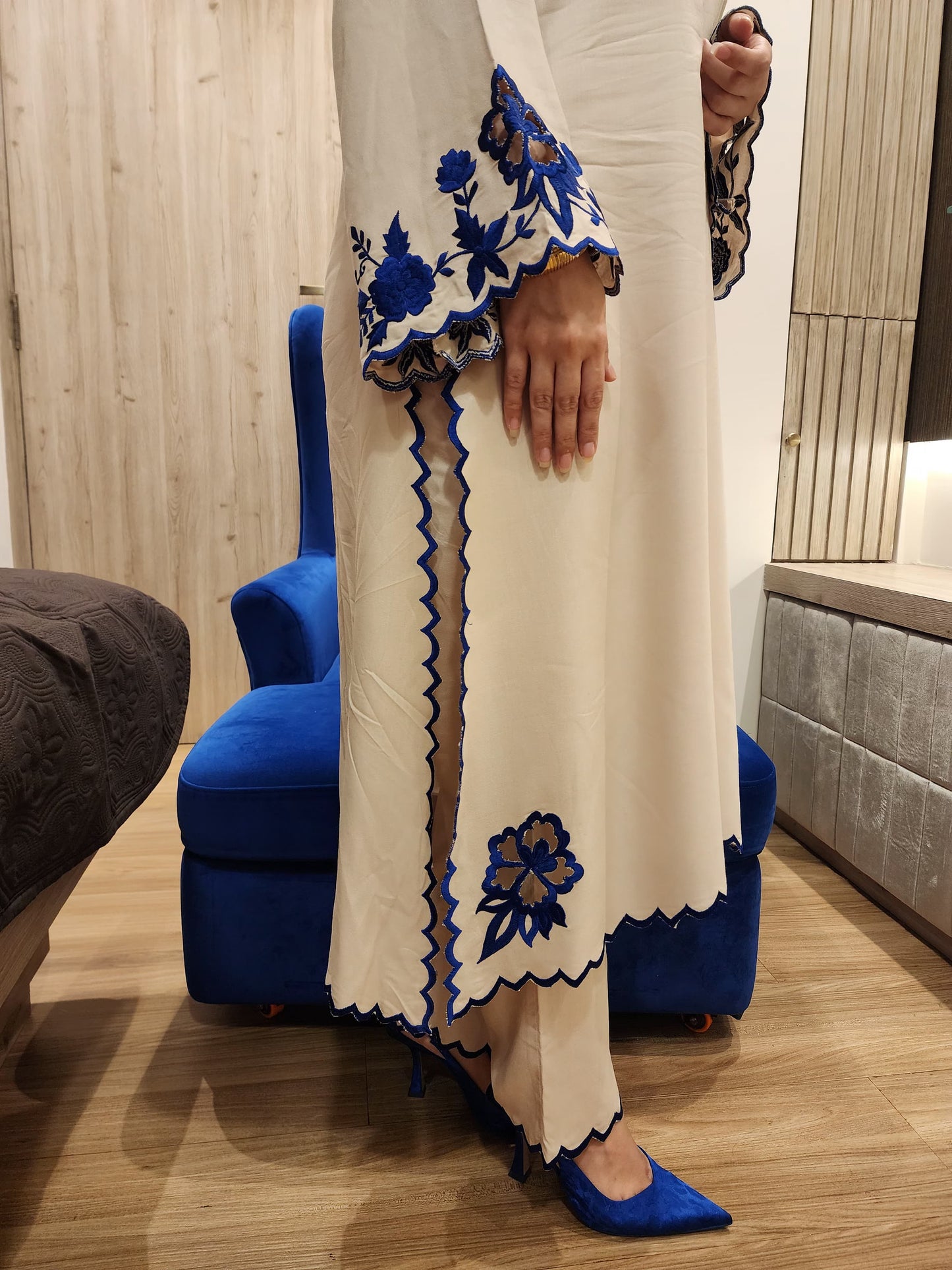 Beige Kurta with Blue Embroidery and Cutwork Slits, Paired with Straight Pants