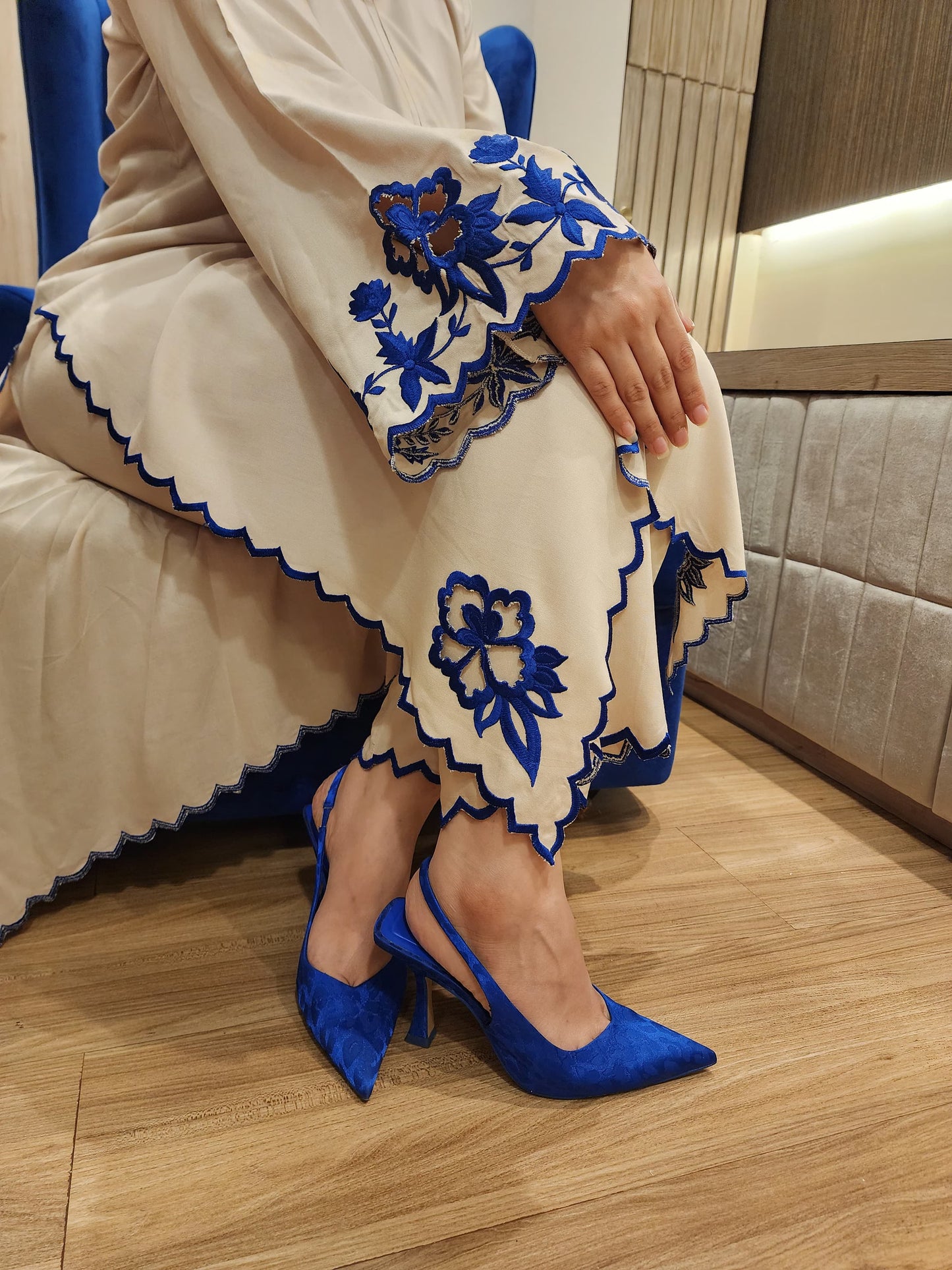 Beige Kurta with Blue Embroidery and Cutwork Slits, Paired with Straight Pants