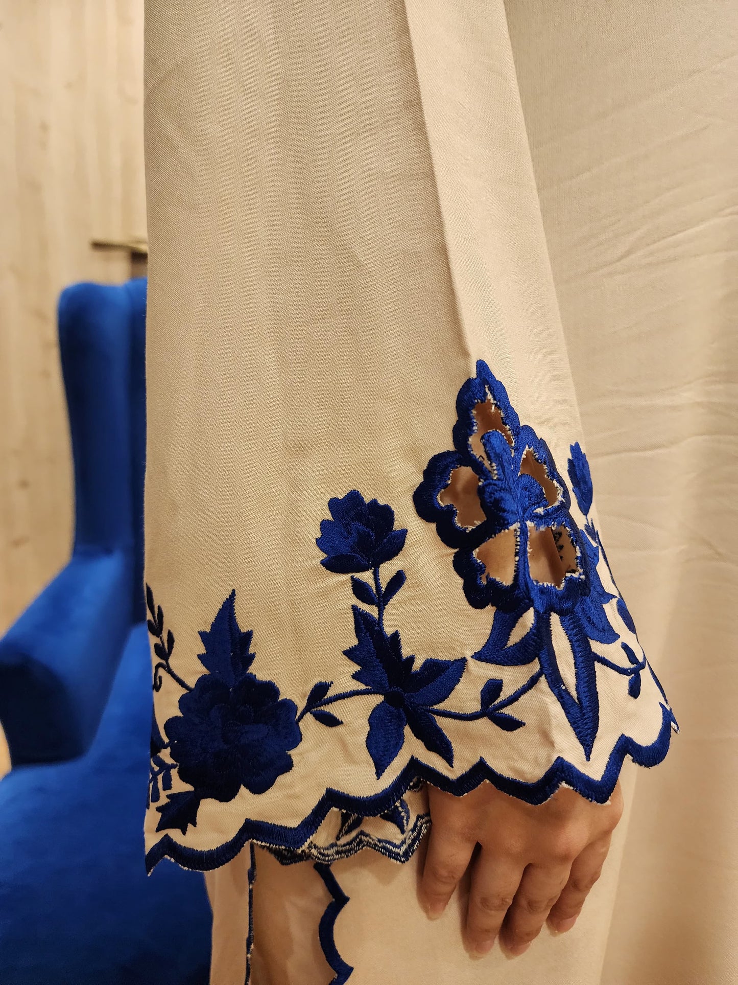 Beige Kurta with Blue Embroidery and Cutwork Slits, Paired with Straight Pants