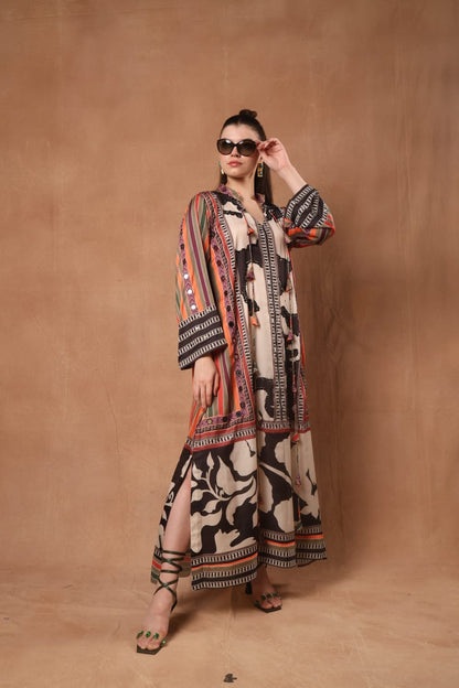 Silk printed kaftan with colourful stripes