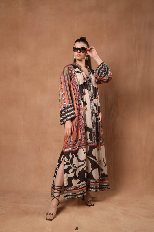 Silk printed kaftan with colourful stripes