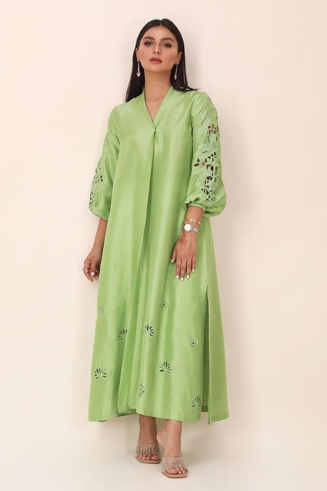 Long kurta and straight pants with cutwork sleeves and work in the Daman