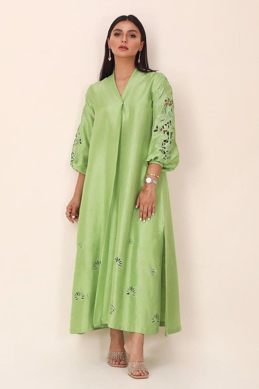 Long kurta and straight pants with cutwork sleeves and work in the Daman