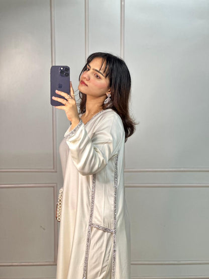 Ivory Silk Straight Kurti Set with Silver Crystal Stone Work & Dupatta