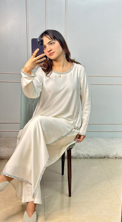 Ivory Silk Straight Kurti Set with Silver Crystal Stone Work & Dupatta