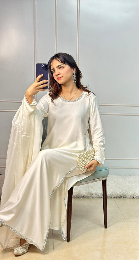 Ivory Silk Straight Kurti Set with Silver Crystal Stone Work & Dupatta