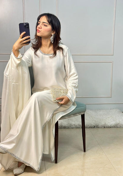 Ivory Silk Straight Kurti Set with Silver Crystal Stone Work & Dupatta