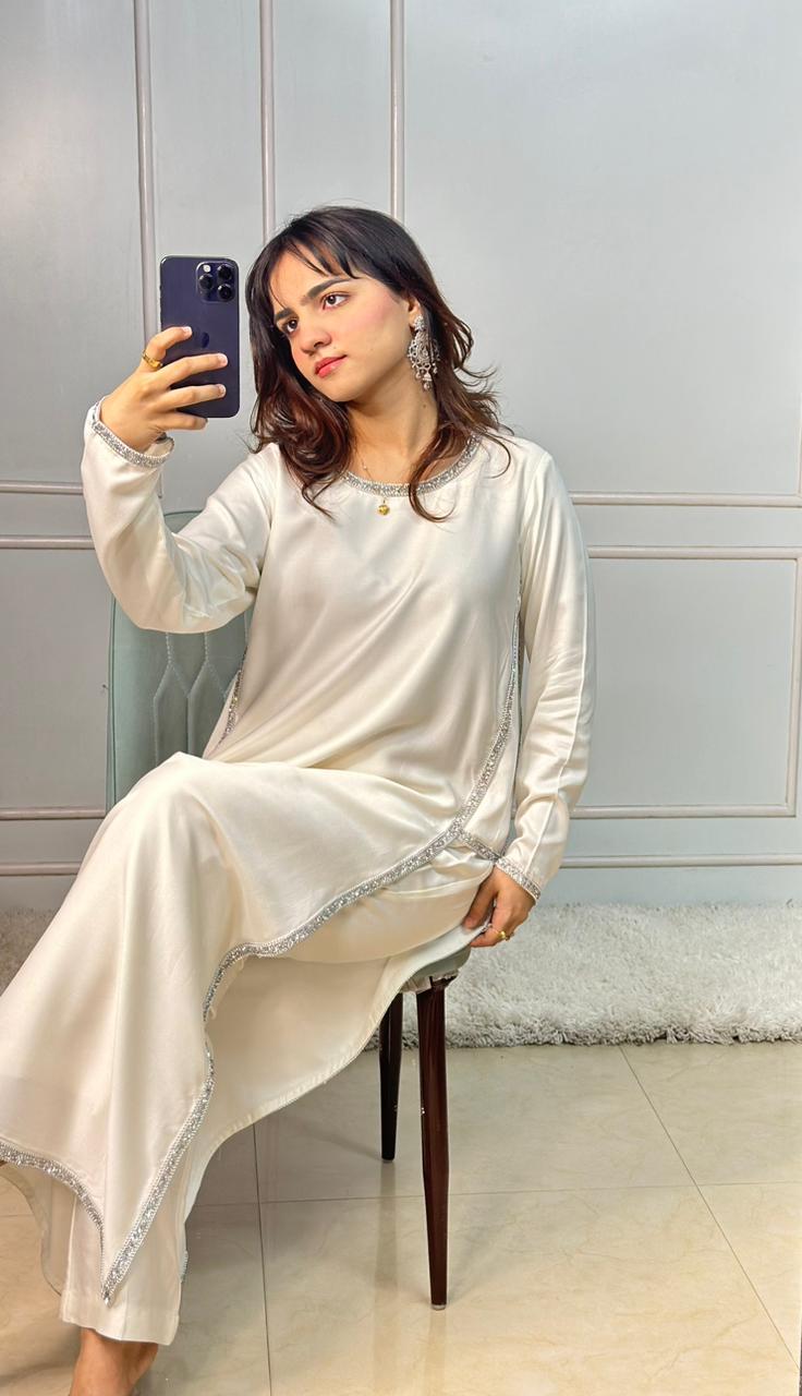 Ivory Silk Straight Kurti Set with Silver Crystal Stone Work & Dupatta