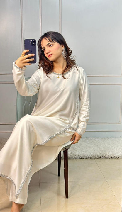 Ivory Silk Straight Kurti Set with Silver Crystal Stone Work & Dupatta