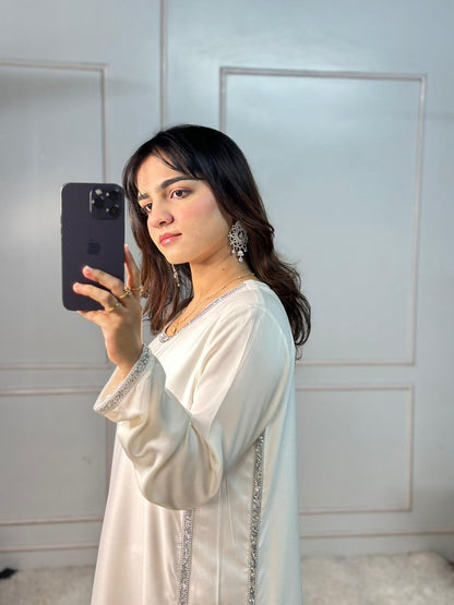 Ivory Silk Straight Kurti Set with Silver Crystal Stone Work & Dupatta