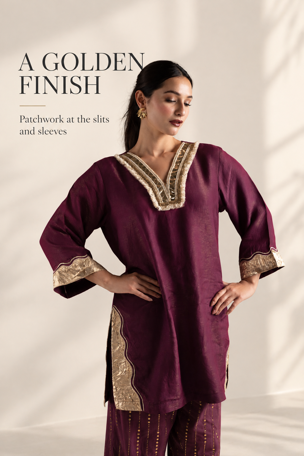 Wine & Gold Tissue Silk Kurta Set with Muslin Pants and Gold Patchwork
