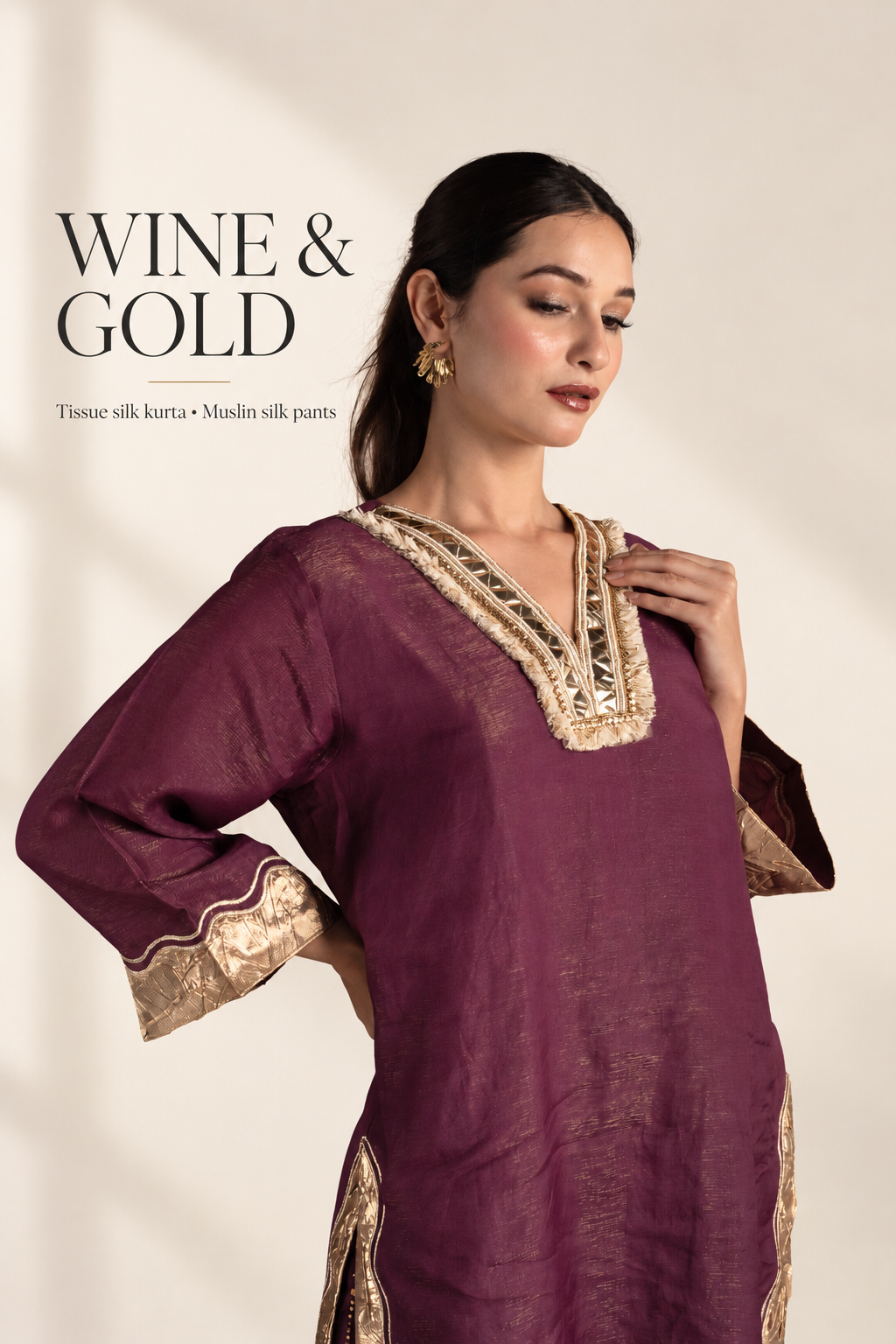 Wine & Gold Tissue Silk Kurta Set with Muslin Pants and Gold Patchwork