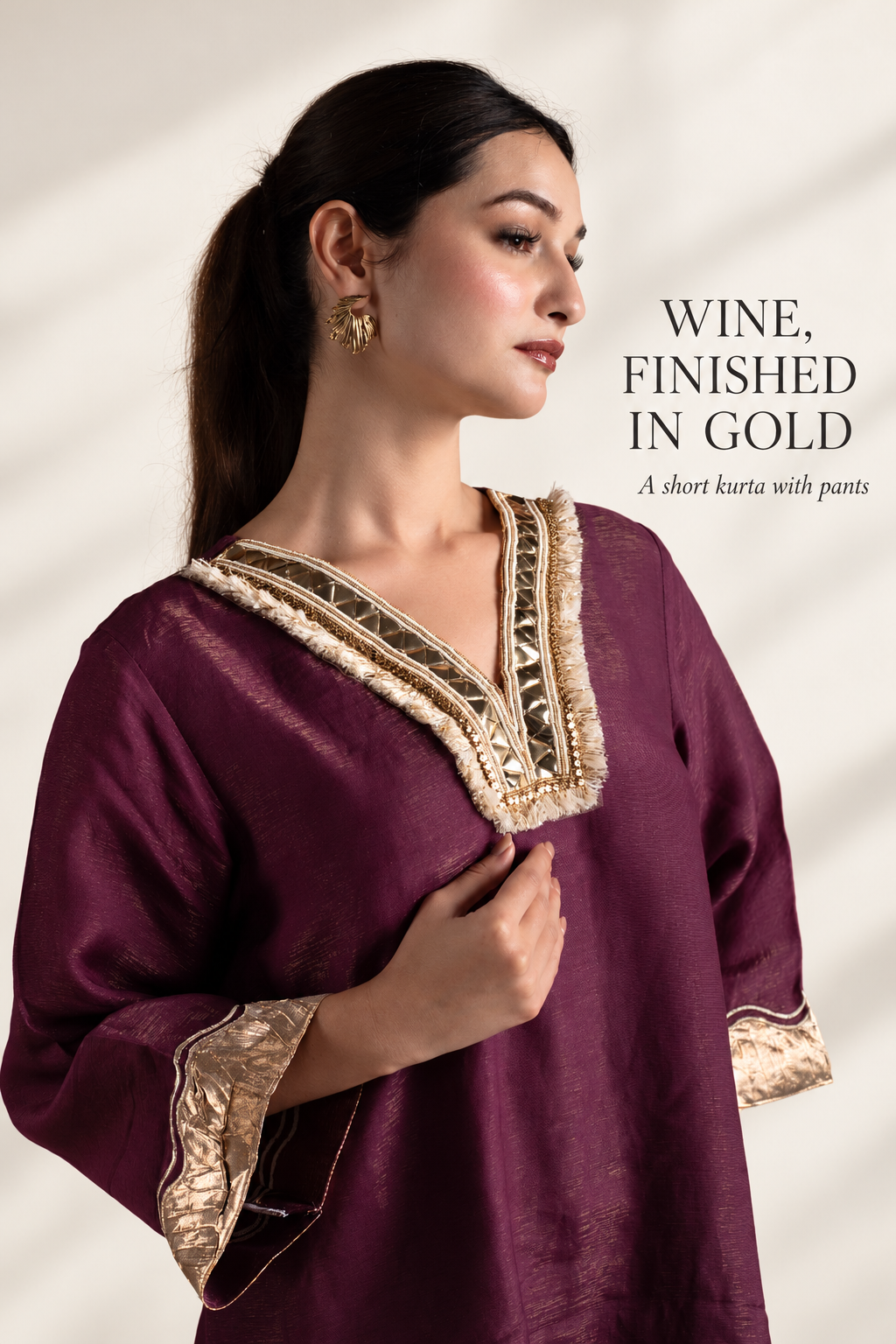 Wine & Gold Tissue Silk Kurta Set with Muslin Pants and Gold Patchwork