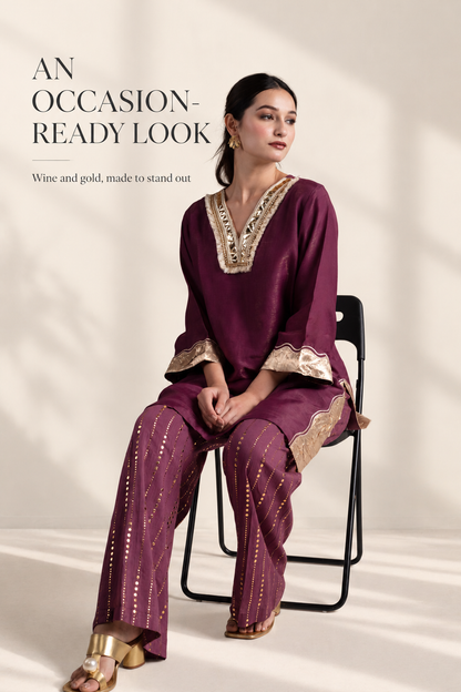 Wine & Gold Tissue Silk Kurta Set with Muslin Pants and Gold Patchwork