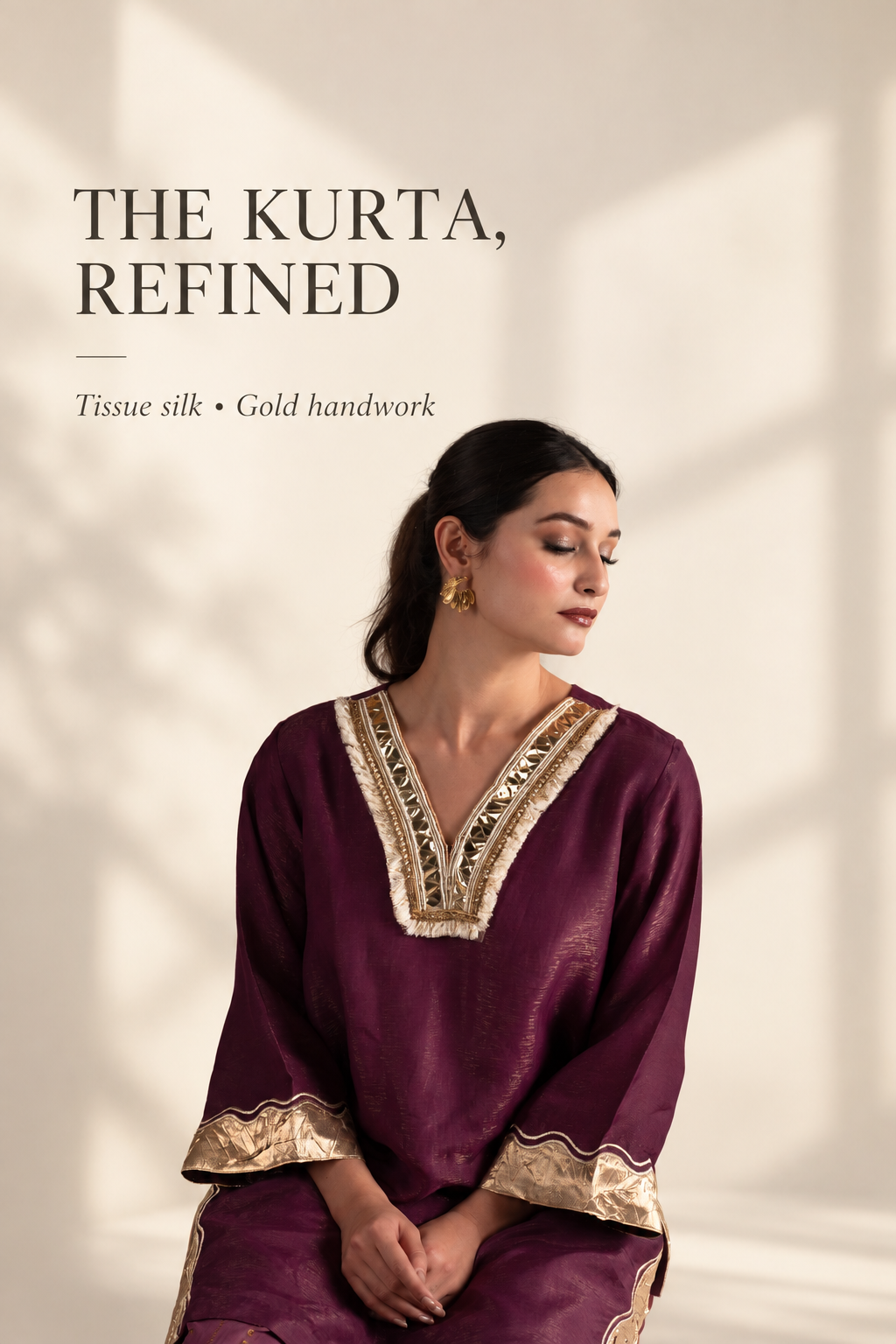 Wine & Gold Tissue Silk Kurta Set with Muslin Pants and Gold Patchwork