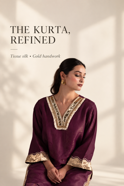 Wine & Gold Tissue Silk Kurta Set with Muslin Pants and Gold Patchwork