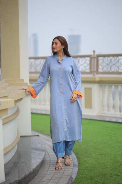 Stand Colar Neck Kurti Embroiderd Sleeves Kurti (Full Set)