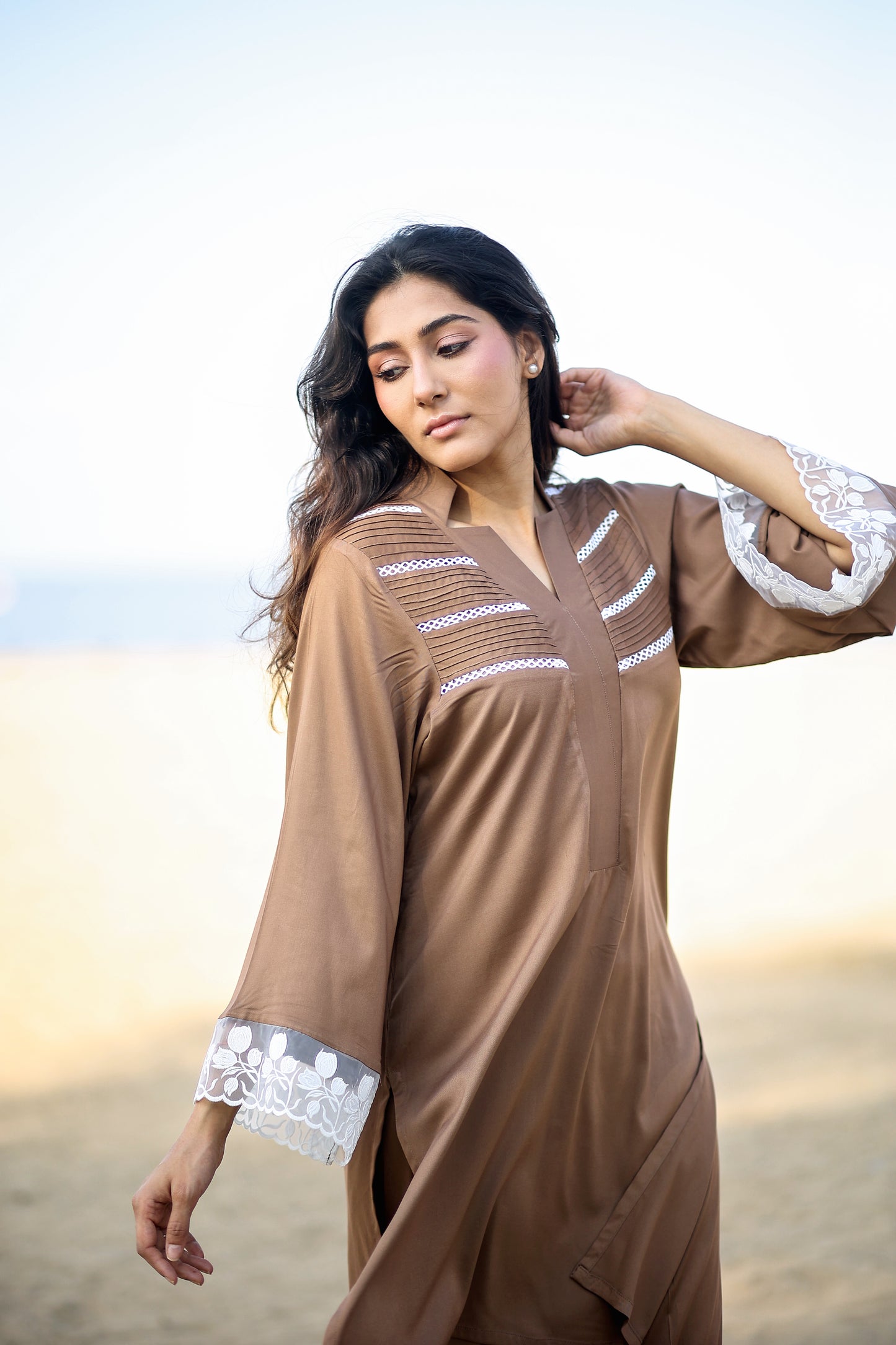 High neck kurta with pintux and lace bell sleeves with organza and work