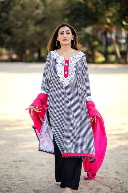 Round neck with embroidery long kurta and pants