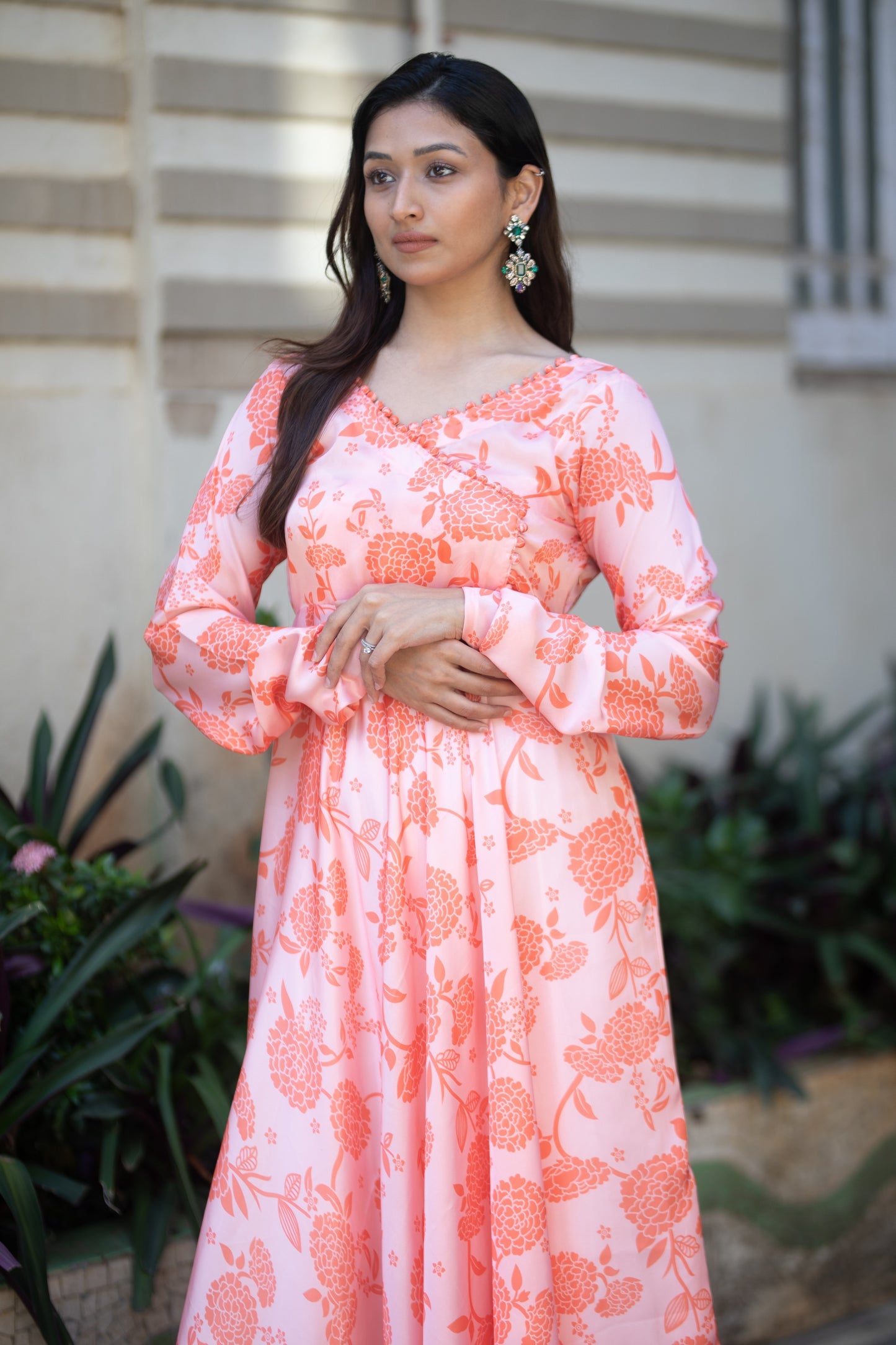 Peach and  floral Anarkali