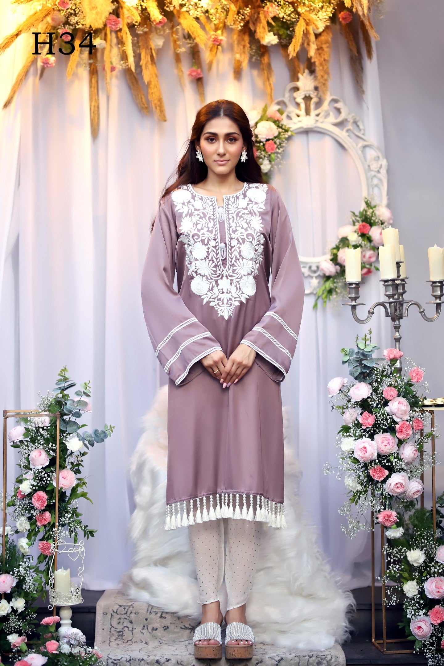 Long kurti with embroidered neck tassels in the Daman and Pant