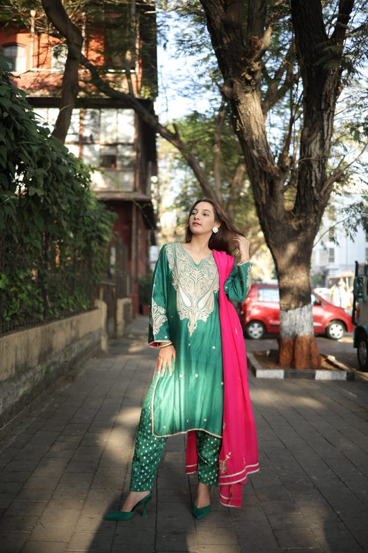 kurta with aari work brocade salwar and organza dupatta