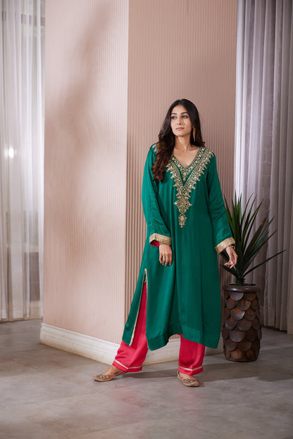 Long kurta with pockets Neckline with pure Zardosi handwork