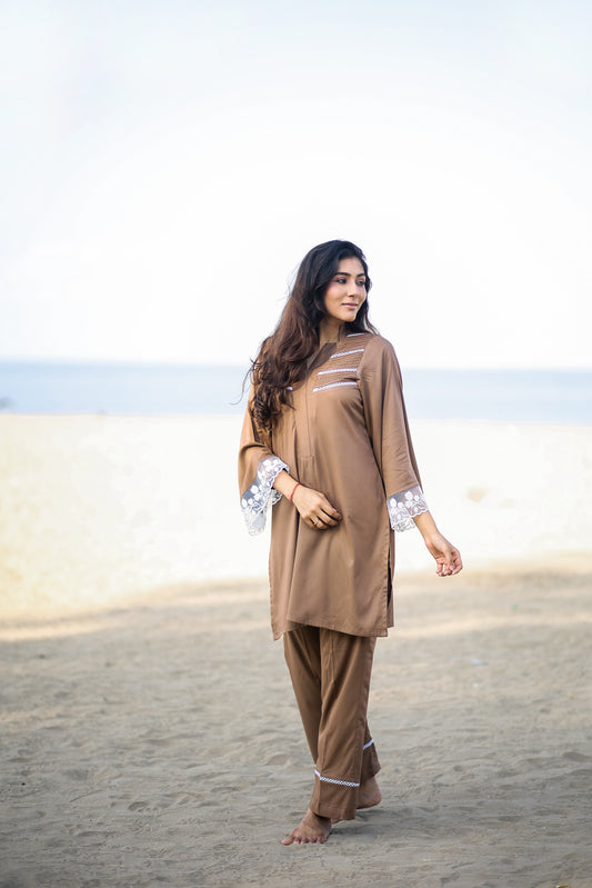 High neck kurta with pintux and lace bell sleeves with organza and work