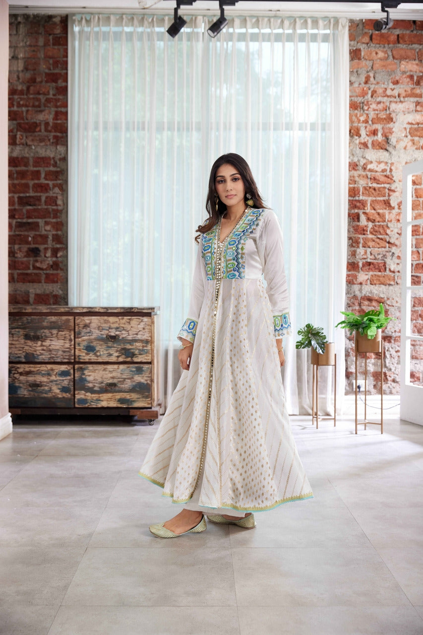 Anarkali set with Resham and mirror work on the top and sleeves