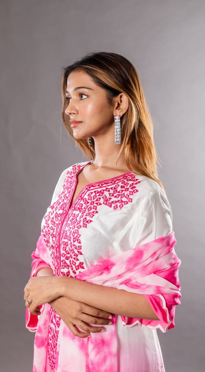 Straight kurta with mirror work along with straight pants and tie and dye dupattah