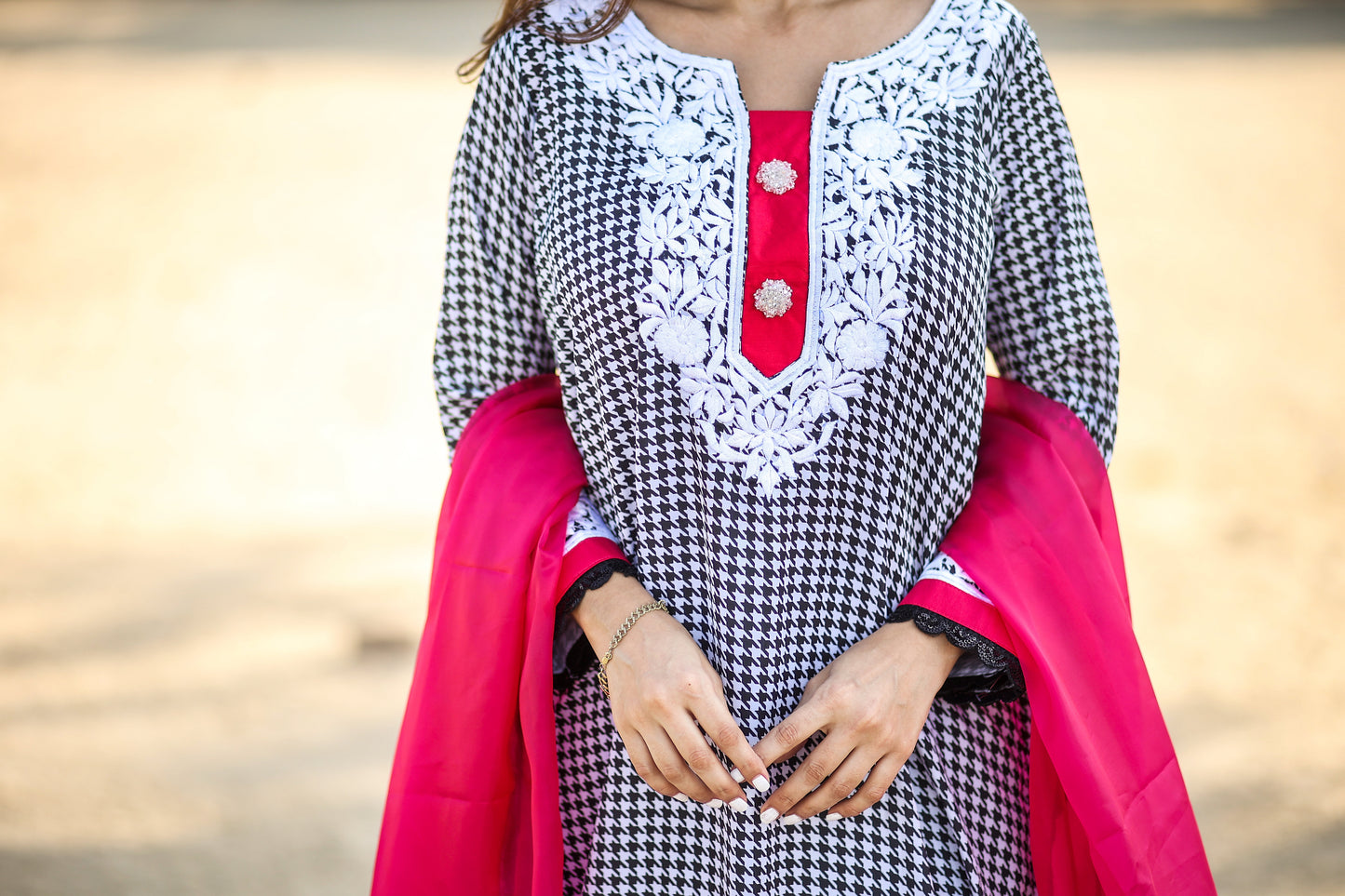 Round neck with embroidery long kurta and pants