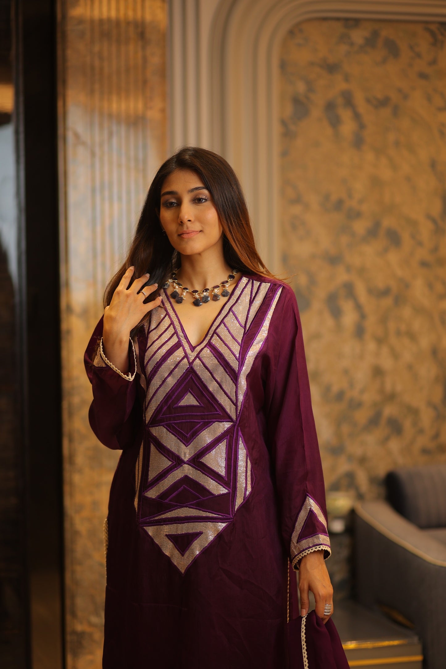 V NECK kurta with sequence work in the front