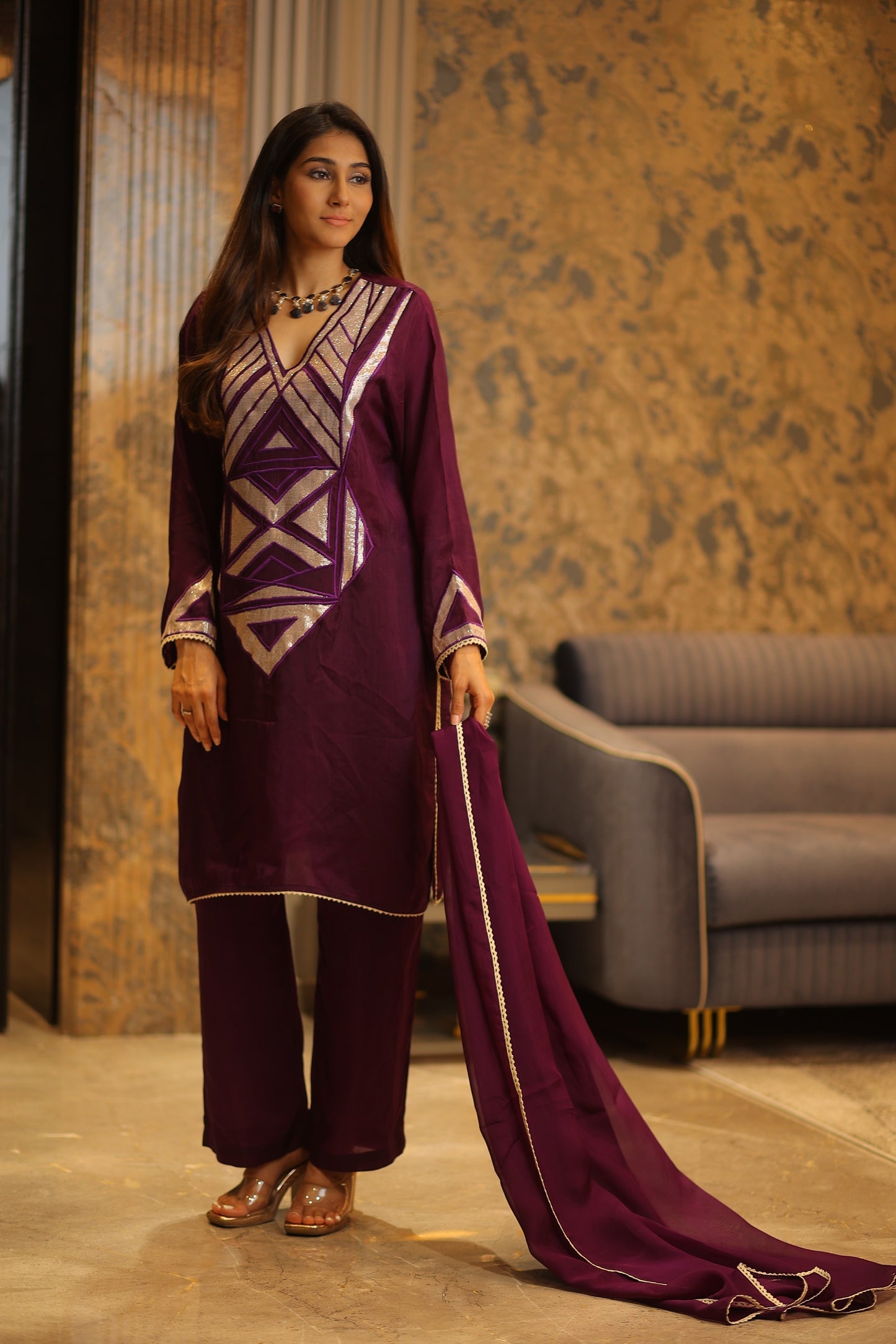 V NECK kurta with sequence work in the front