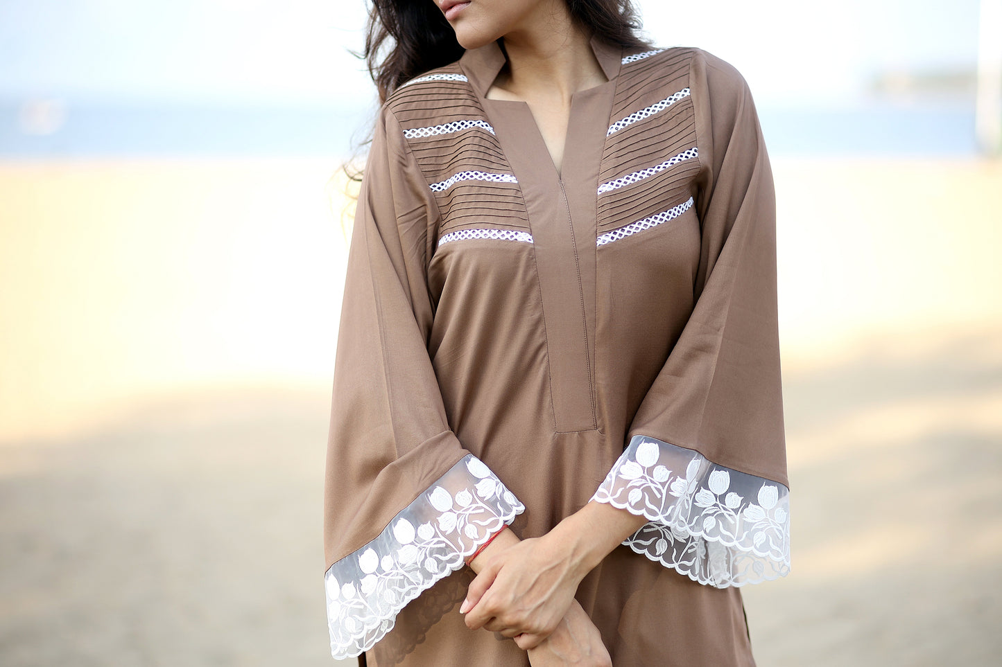 High neck kurta with pintux and lace bell sleeves with organza and work