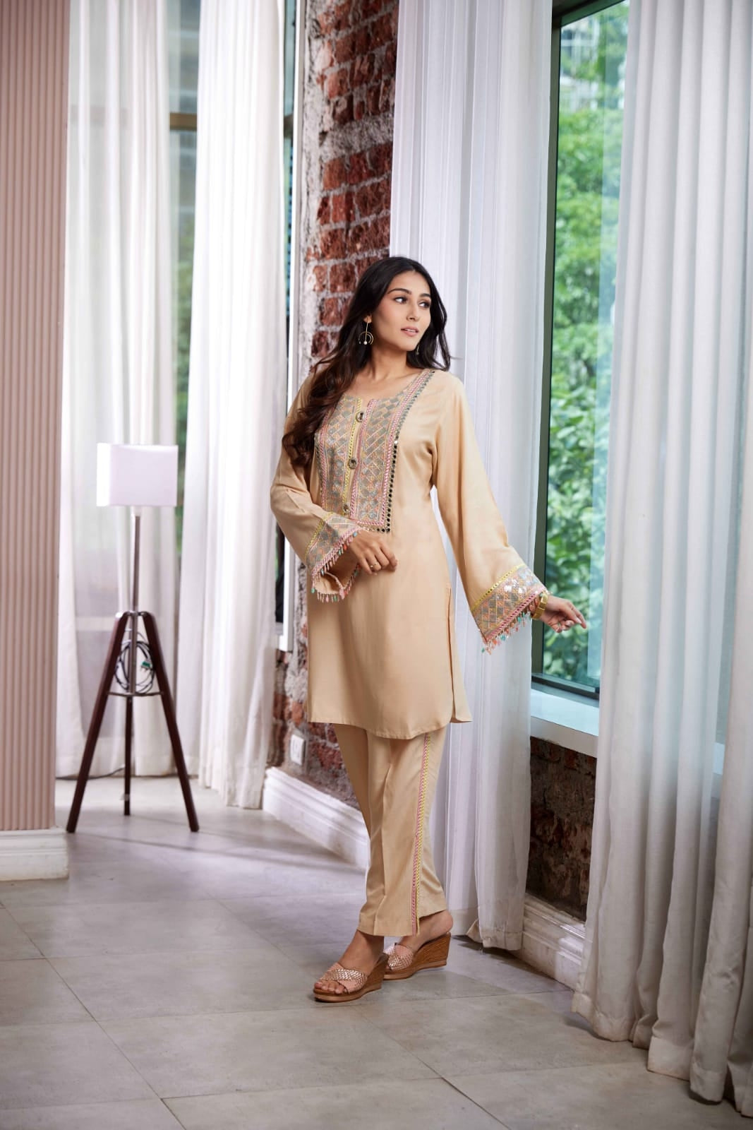 Kurta and pant set with colourful sequence and mirror work