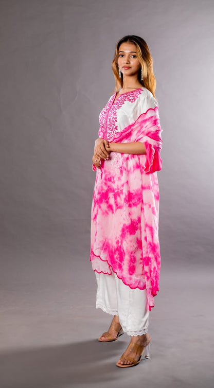 Straight kurta with mirror work along with straight pants and tie and dye dupattah