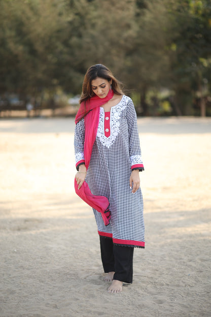 Round neck with embroidery long kurta and pants