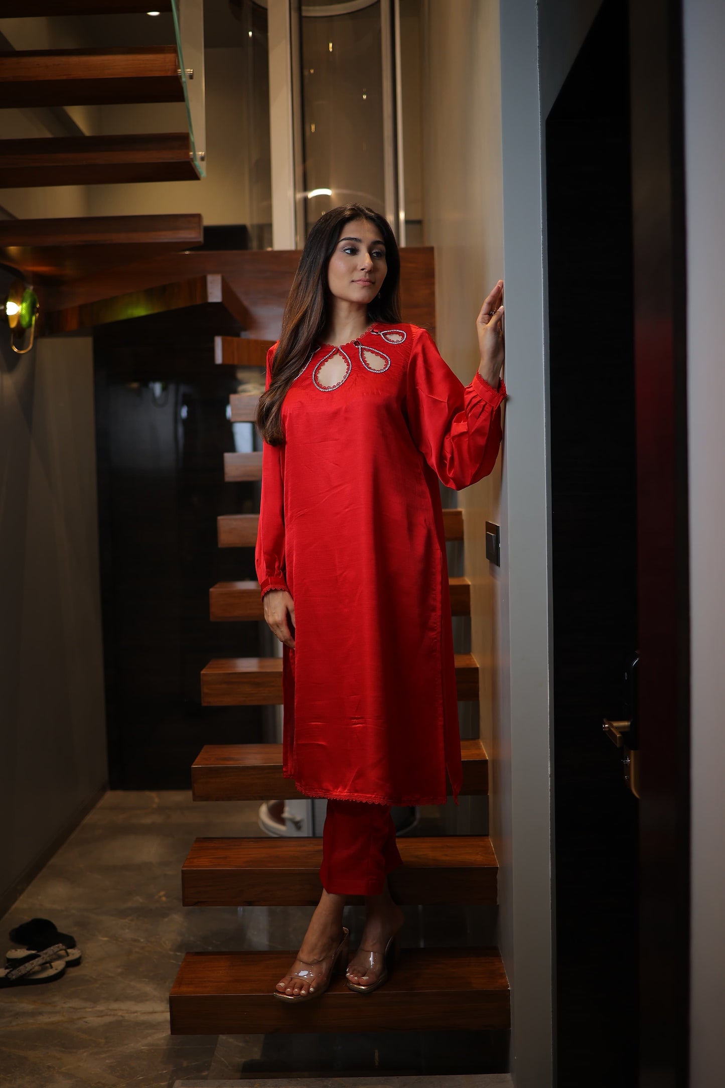 Long kurti with straight pants and organza dupattah