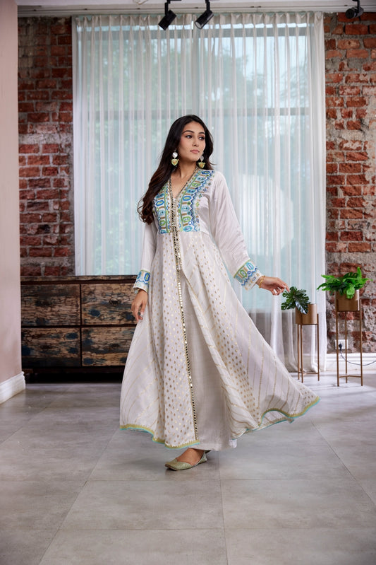 Anarkali set with Resham and mirror work on the top and sleeves