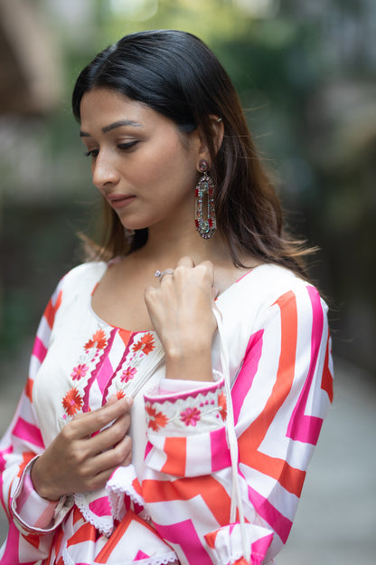 Candy crush pleated dress with organza thread work Dupatta with a potli bag