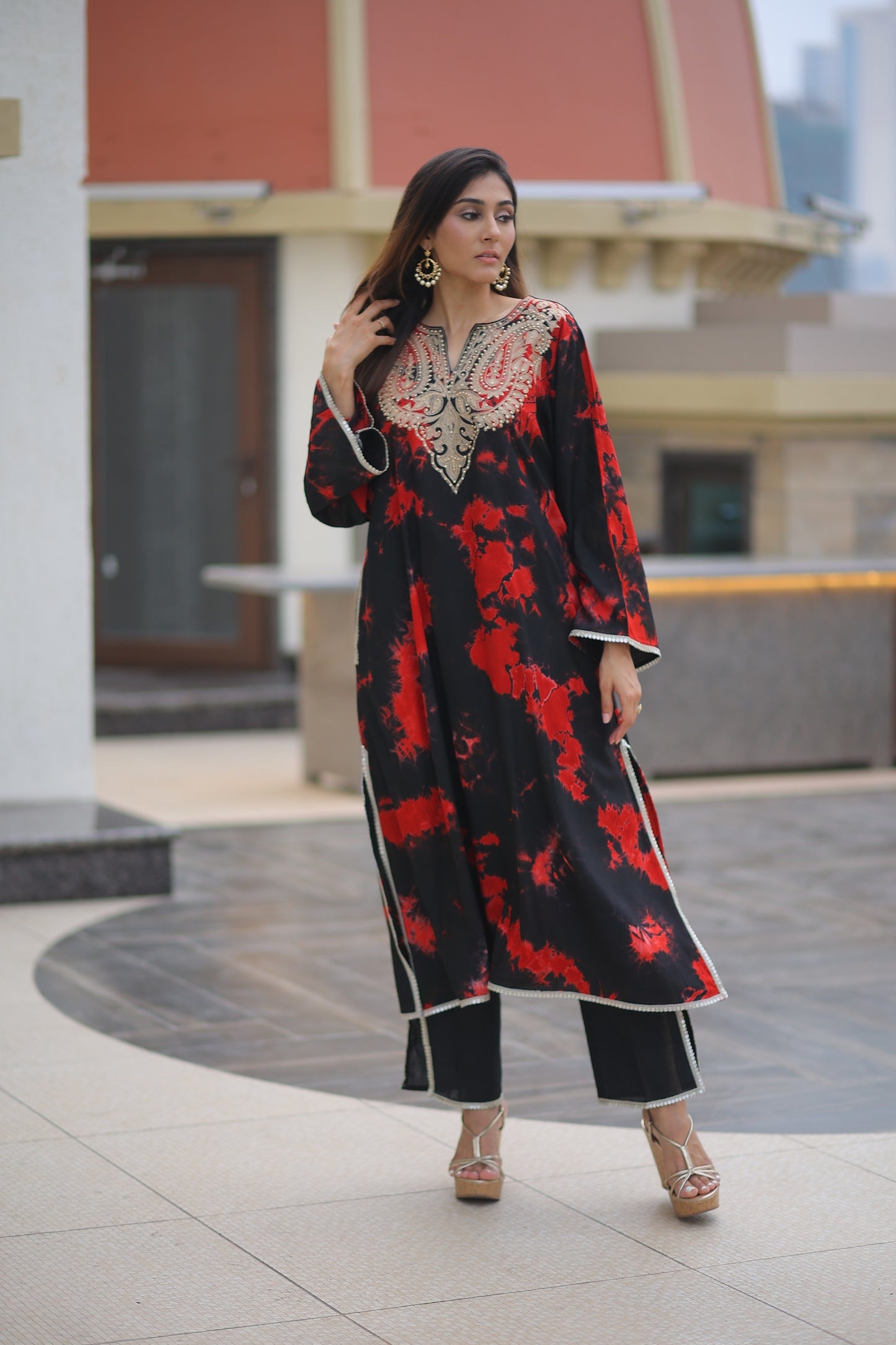 Round Neck Kurti with Gold and Crystal Embroidery (Only Kurti)