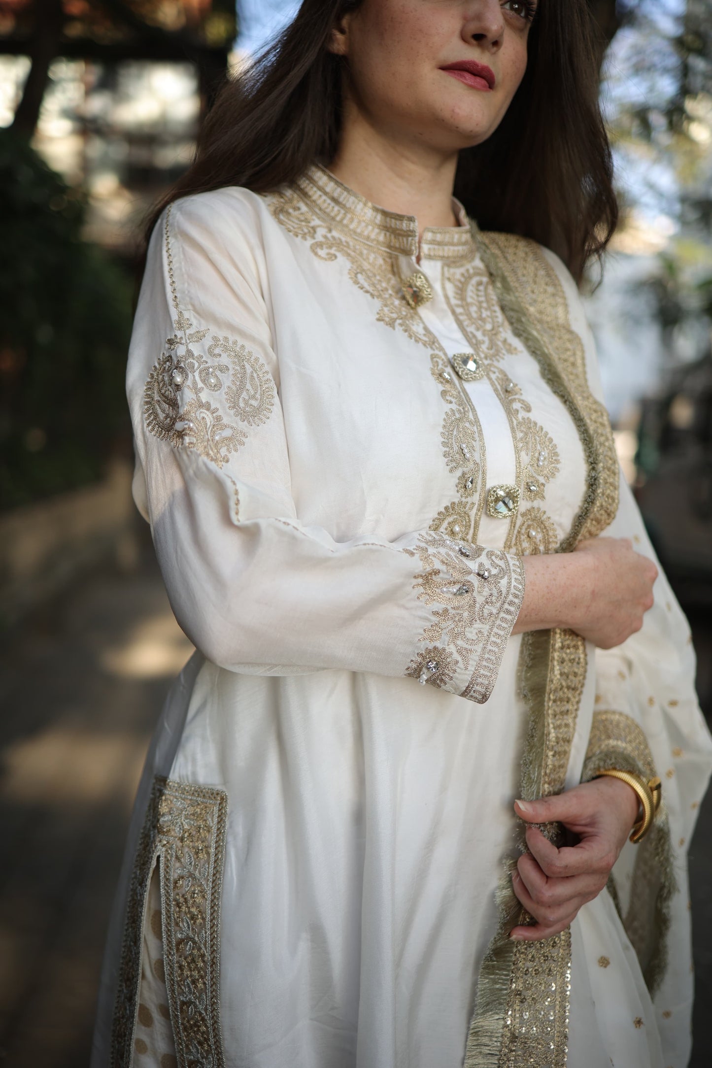 Kurta with gold Aari pear and stone work along with chanderi brocade pants organza silk dupattah