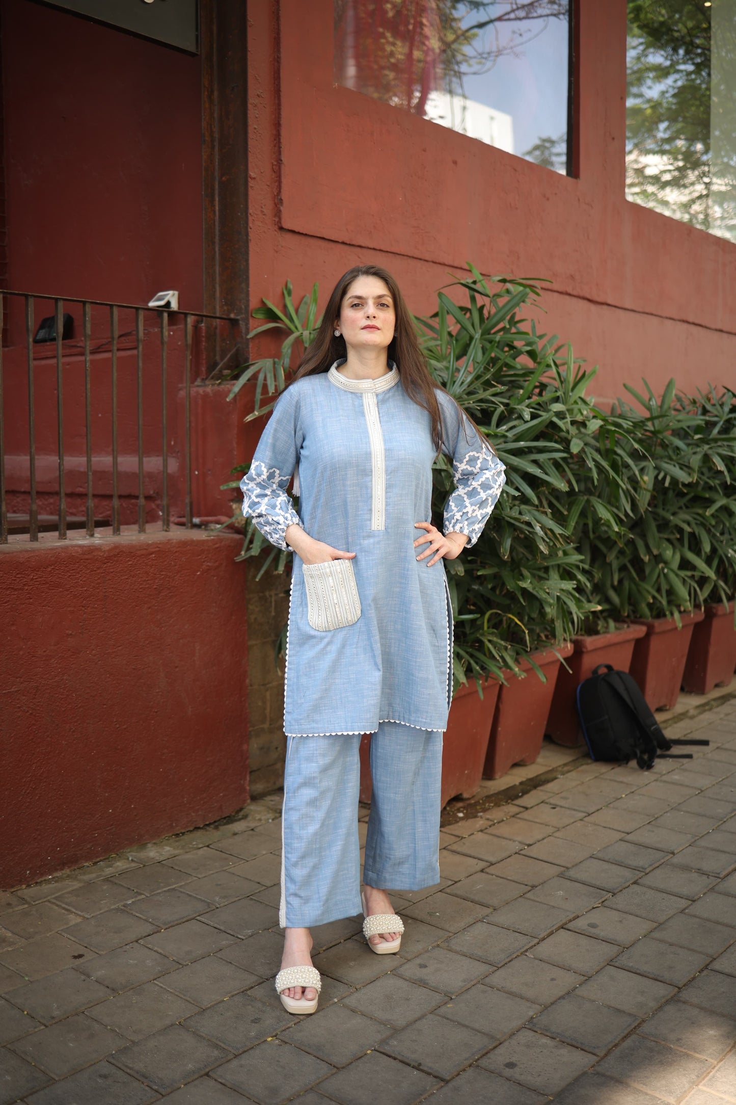 Stand colar Shirt with pants embellished pockets and stylish sleeves