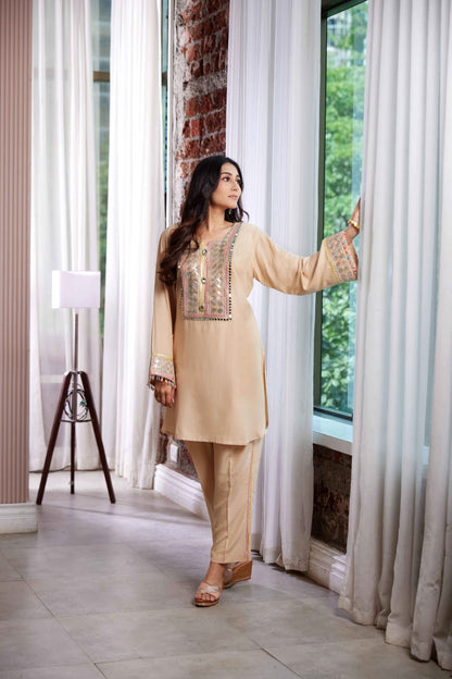 Kurta and pant set with colourful sequence and mirror work