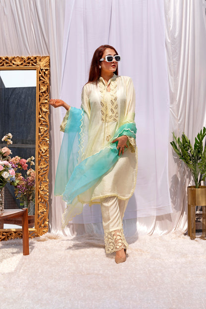 Colar kurti with straight pants  organza dupattah with scolaps