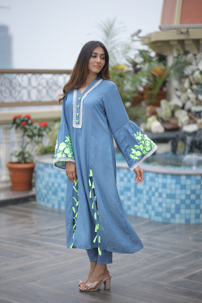 High Neck Kurti Embroiderd Sleeves Front Slit Kurta (Only Kurta)